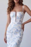 Light Blue Sheath Spaghetti Straps Printed Long Floral Dress