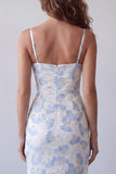 Light Blue Sheath Spaghetti Straps Printed Long Floral Dress