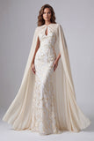 Champagne Mermaid Keyhole Printed Long Evening Dress with Cape