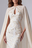 Champagne Mermaid Keyhole Printed Long Evening Dress with Cape