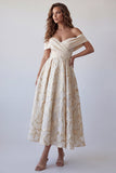 Champagne Off the Shoulder Printed A-Line Maxi Dress