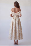 Champagne Off the Shoulder Printed A-Line Maxi Dress