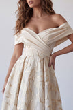 Champagne Off the Shoulder Printed A-Line Maxi Dress
