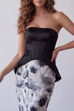 Black Strapless Sheath Printed Floral Dress