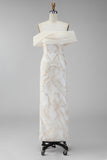 Champagne Off the Shoulder Sheath Printed Maxi Dress