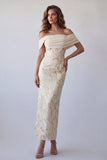 Champagne Off the Shoulder Sheath Printed Maxi Dress