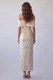 Champagne Off the Shoulder Sheath Printed Maxi Dress