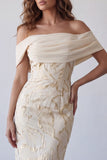 Champagne Off the Shoulder Sheath Printed Maxi Dress