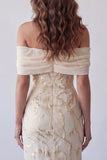 Champagne Off the Shoulder Sheath Printed Maxi Dress