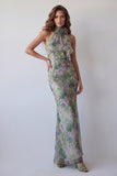 Halter Dusty Sage Mermaid Chiffon Maxi Floral Dress