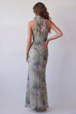 Halter Dusty Sage Mermaid Chiffon Maxi Floral Dress