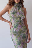 Halter Dusty Sage Mermaid Chiffon Maxi Floral Dress