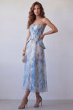 Strapless A-Line Dusty Blue Chiffon Floral Dress