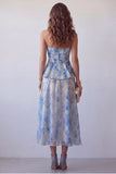 Strapless A-Line Dusty Blue Chiffon Floral Dress