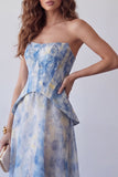 Strapless A-Line Dusty Blue Chiffon Floral Dress