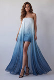 Strapless Lake Blue Chiffon Bodycon Printed Mini Dress