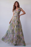 Dusty Sage A-Line Chiffon V-Neck Ruched Long Floral Dress