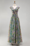 Dusty Sage A-Line Chiffon V-Neck Ruched Long Floral Dress