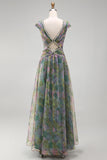 Dusty Sage A-Line Chiffon V-Neck Ruched Long Floral Dress