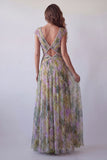 Dusty Sage A-Line Chiffon V-Neck Ruched Long Floral Dress