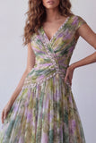 Dusty Sage A-Line Chiffon V-Neck Ruched Long Floral Dress