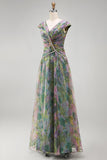 Dusty Sage A-Line Chiffon V-Neck Ruched Long Floral Dress