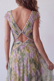 Dusty Sage A-Line Chiffon V-Neck Ruched Long Floral Dress