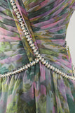 Dusty Sage A-Line Chiffon V-Neck Ruched Long Floral Dress