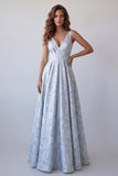 Light Blue A-Line V-Neck Ruched Long Floral Dress