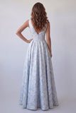 Light Blue A-Line V-Neck Ruched Long Floral Dress