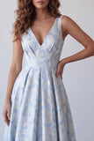 Light Blue A-Line V-Neck Ruched Long Floral Dress