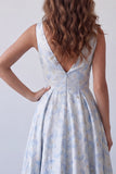Light Blue A-Line V-Neck Ruched Long Floral Dress