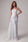 Strapless Light Blue Sheath Pleated Long Floral Dress