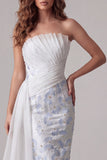 Strapless Light Blue Sheath Pleated Long Floral Dress
