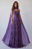 Strapless Purple A-Line Long Evening Dress with a Neck Scarf