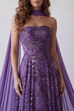 Strapless Purple A-Line Long Evening Dress with a Neck Scarf