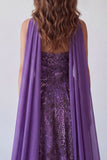 Strapless Purple A-Line Long Evening Dress with a Neck Scarf