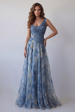 A-Line Dusty Blue V-Neck Chiffon Ruched Long Floral Dress
