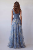 A-Line Dusty Blue V-Neck Chiffon Ruched Long Floral Dress