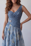A-Line Dusty Blue V-Neck Chiffon Ruched Long Floral Dress