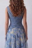 A-Line Dusty Blue V-Neck Chiffon Ruched Long Floral Dress