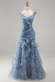 Dusty Blue Chiffon Mermaid Ruched Long Floral Dress with Ruffles