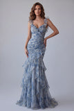 Dusty Blue Chiffon Mermaid Ruched Long Floral Dress with Ruffles