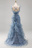 Dusty Blue Chiffon Mermaid Ruched Long Floral Dress with Ruffles