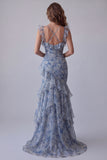 Dusty Blue Chiffon Mermaid Ruched Long Floral Dress with Ruffles