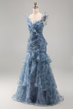 Dusty Blue Chiffon Mermaid Ruched Long Floral Dress with Ruffles