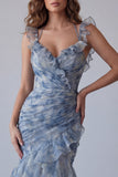 Dusty Blue Chiffon Mermaid Ruched Long Floral Dress with Ruffles