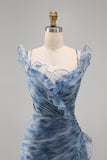 Dusty Blue Chiffon Mermaid Ruched Long Floral Dress with Ruffles
