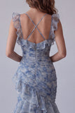Dusty Blue Chiffon Mermaid Ruched Long Floral Dress with Ruffles