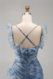 Dusty Blue Chiffon Mermaid Ruched Long Floral Dress with Ruffles